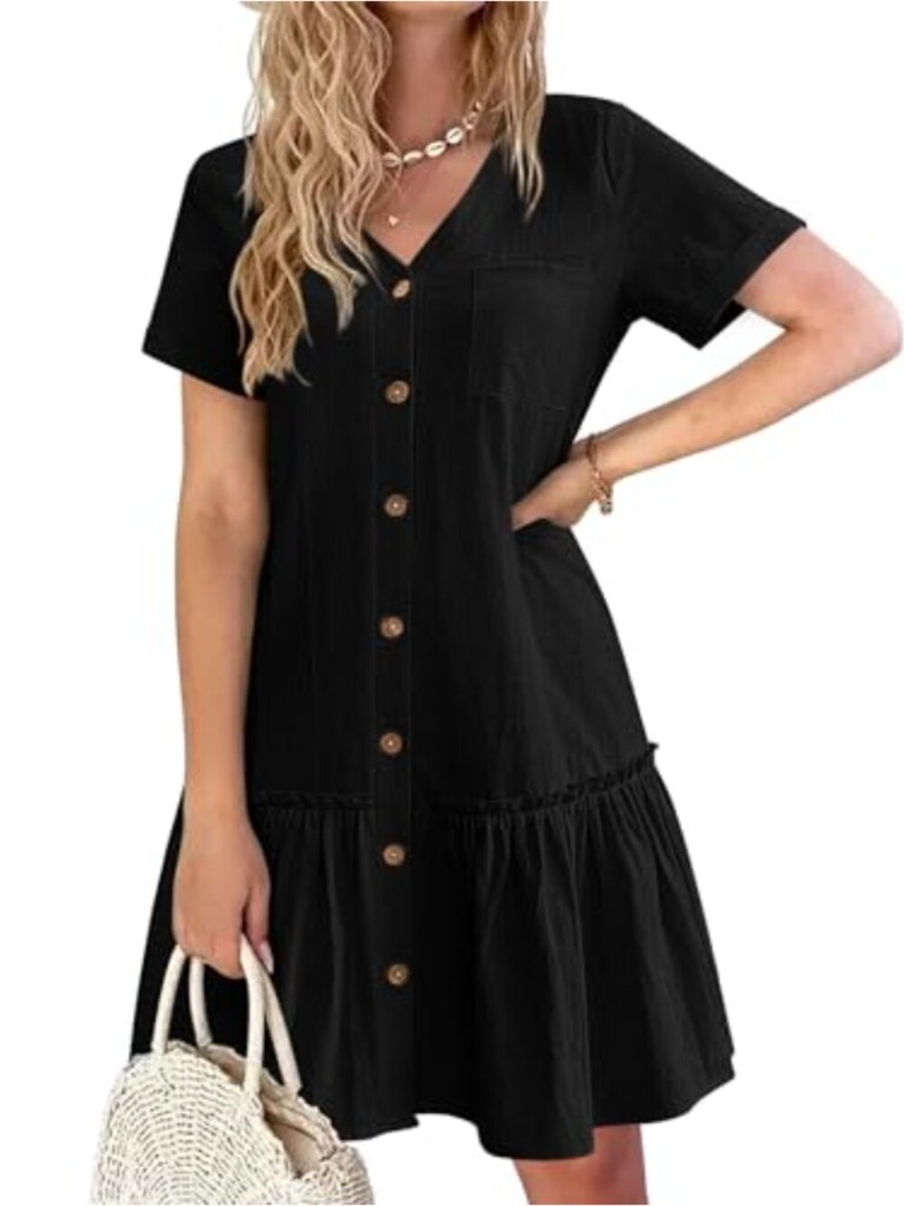 Women's Cotton Linen Button Down Ruffle Short Sleeve Shift Dress Casual Tunic